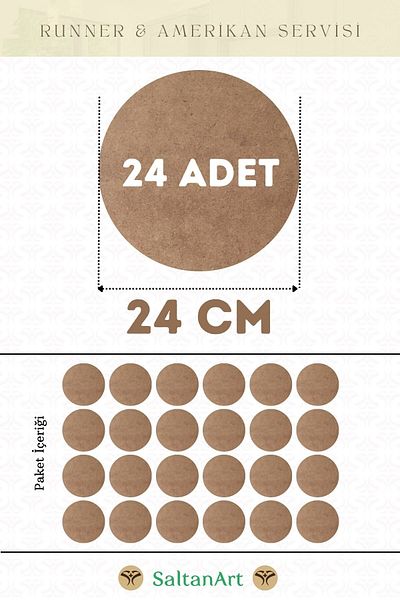 SaltanArt Диаметър 24 см, 24 броя, Supla American Service Runner, MDF, Drolit, магнитна основа, дърво, дебелина 3 мм (2,7 мм).