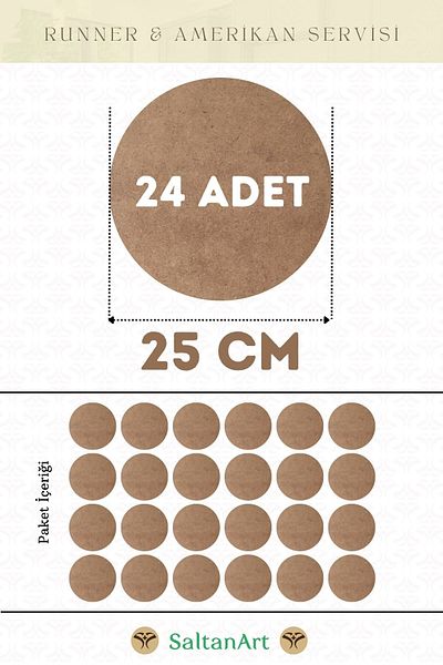 SaltanArt Диаметър 25 см, 24 броя, Supla American Service Runner, MDF, Drolit, магнитна основа, дърво, дебелина 3 мм (2,7 мм).