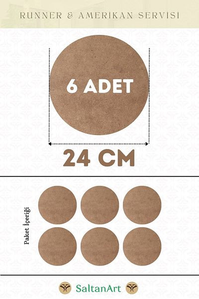 SaltanArt Диаметър 24 см, 6 броя, американски сервизен бегач, MDF, Drolit, магнитна основа, дърво, дебелина 3 мм (2,7 мм).