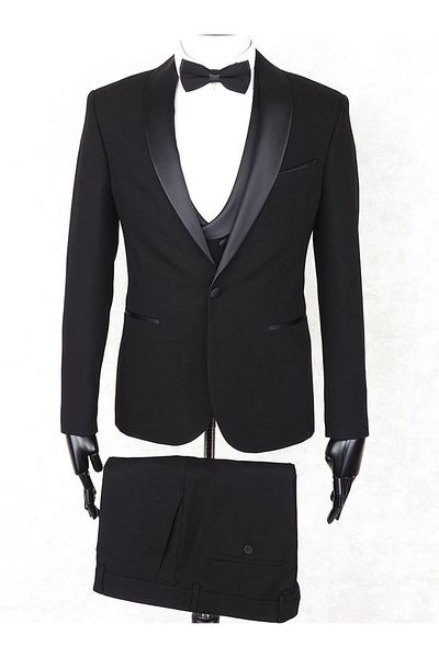 Jan Carlucci Slimfit Black Shawl Collar Groom Suit Jacket - Vest - Pants - Shirt - Bow Tie