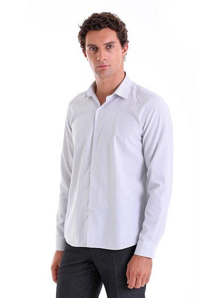 Hatemoğlu Gray Comfort Fit Striped Cotton Slim Collar Long Sleeve Casual Shirt