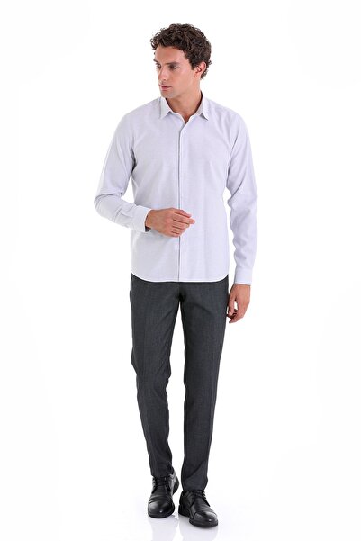 Hatemoğlu Gri Comfort Fit Çizgili Pamuklu Slim Yaka Uzun Kollu Casual Gömlek