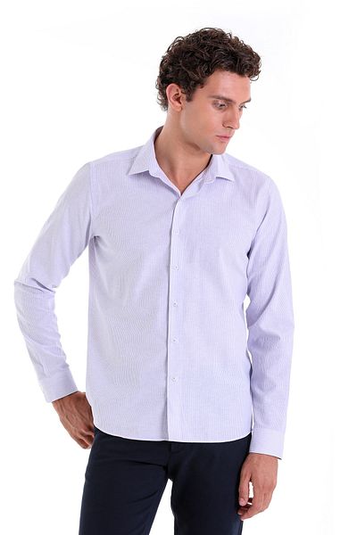 Hatemoğlu Λιλά Comfort Fit ριγέ βαμβακερό μακρυμάνικο πουκάμισο με λεπτό γιακά