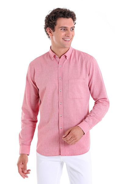 Hatemoğlu Cămașă oxford casual cu mânecă lungă, roșu claret, confortabil, uni, 100% bumbac, guler cu nasturi