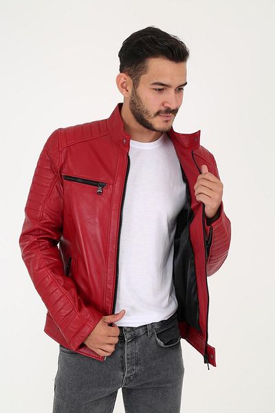 DERİNSS Der123 Genuine Leather Men's Red Coat