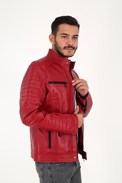 DERİNSS Der123 Genuine Leather Men's Red Coat