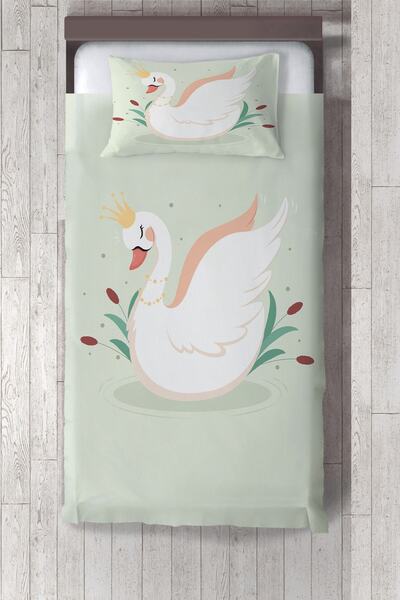 Talia Home  Yeşil Kuğu Desenli Çocuk Ve Bebek Odası Yatak Örtüsü TLAY-221