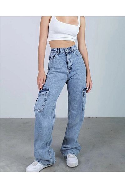 DRC trend Kaitlyn Light Snow Wash Blue Cargo Pantaloni largi la spate fără buzunar din lycra cu talie super înaltă