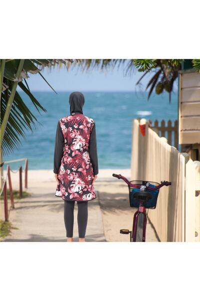 Shopiolog Long Micro Sleeve Floral Patterned Full Hijab Swimsuit