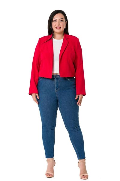 DISENTIS MODEST Large Size Padded Unlined Short Red Jacket with Ornamental Pockets
