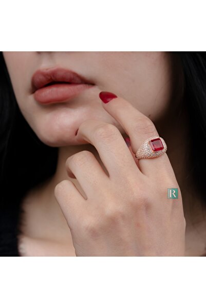 RevSilver 925 Ayar Gümüş Kadın Yüzük Kırmızı Yakut Taşı Yanlardan Star Baget ...