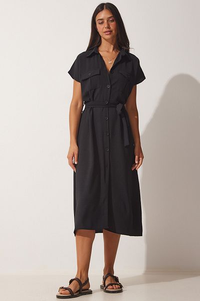 Happiness İstanbul Women's Black Belted Flowy Shirt Dress RV00130