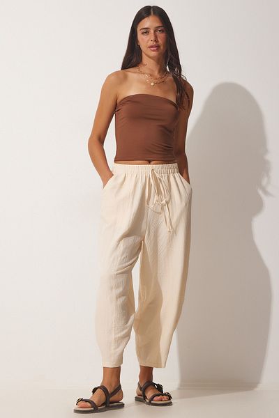 Happiness İstanbul Women's Cream Pocketed Ayrobin Shalwar Trousers OH00046