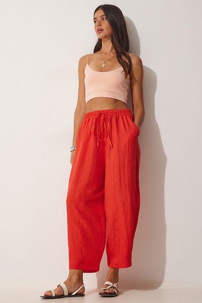 Happiness İstanbul Women's Pomegranate Blossom Pocketed Ayrobin Shalwar Trousers OH00046