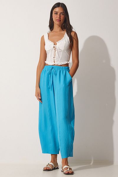 Happiness İstanbul Women's Blue Pocketed Ayrobin Shalwar Trousers OH00046