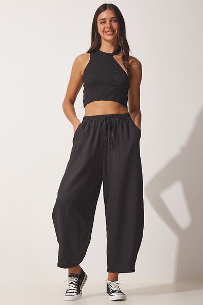 Happiness İstanbul Women's Black Pocketed Ayrobin Shalwar Trousers OH00046