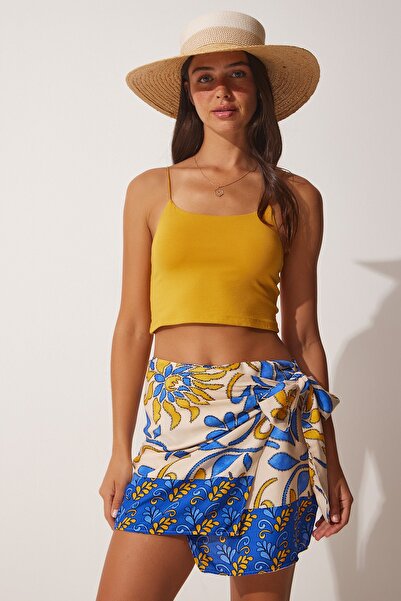 Happiness İstanbul Női kék bézs mintás kötött mini viszkóz szoknya FN03063