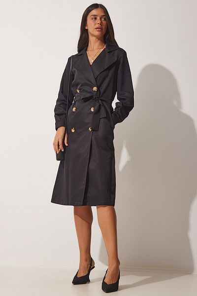 Happiness İstanbul Women's Black Double Breasted Collar Seasonal Trench Coat DD01241
