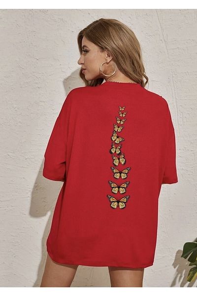 blausee wear تي شيرت نسائي كبير الحجم بتصميم فراشات مطبوع من الخلف مصنوع من القطن