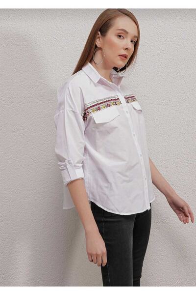 İDA ACCESSORY Γυναικείο πουκάμισο με λευκό κέντημα με λεπτομέρειες από ποπλίνα