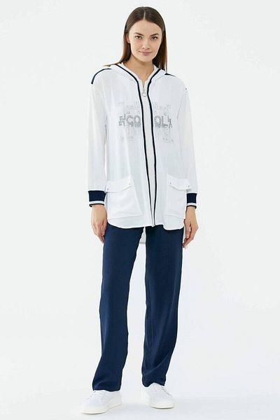 Sementa Comfortable Hooded Crepe Suit with Pocket Detail - Ecru - Navy Blue