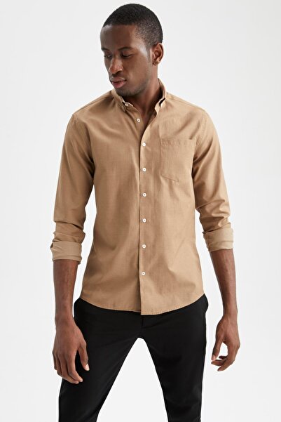 DeFacto Βαμβακερό μακρυμάνικο πουκάμισο με λεπτή εφαρμογή με λαιμόκοψη