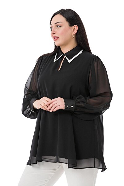 DISENTIS MODEST Plus Size Collar Double Layer Chiffon Lined Black Blouse