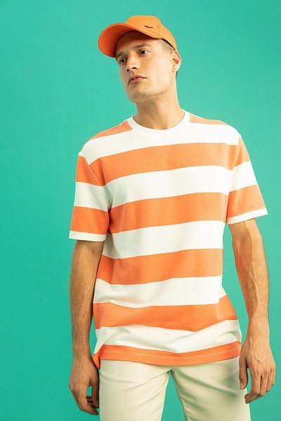 DeFacto Comfort Fit Crew Neck Stripe Patterned Short Sleeve Cotton T-Shirt