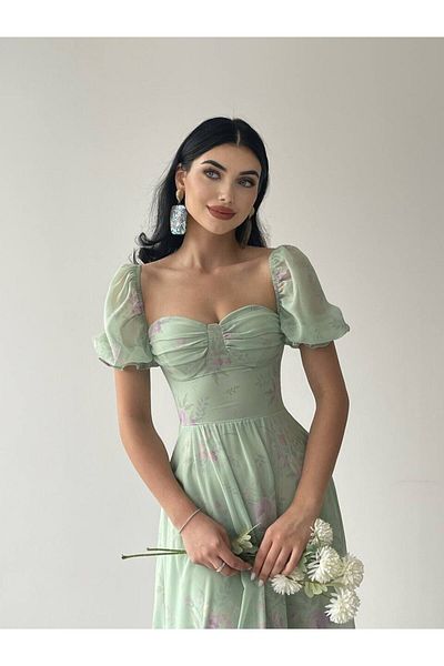 Julishop Καλοκαιρινό μίντι φόρεμα από βαμβακερό σιφόν πράσινο με μοτίβο με μοτίβο