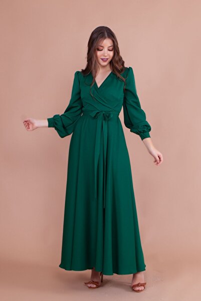 NO48 Σμαραγδένιο φόρεμα με διπλό στήθος με μακρύ μανίκι με κουμπιά και μακρύ φύλλο