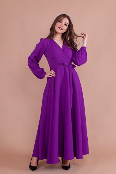 NO48 Μωβ Φόρεμα με διπλό στήθος με μακρύ μανίκι με κουμπιά με μανσέτα με ζώνη