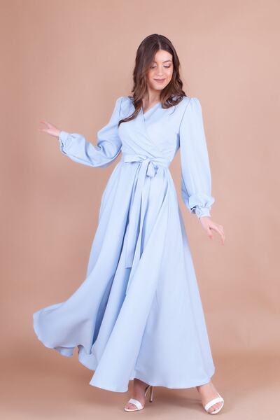 NO48 Bebe Mavi Kruvaze Yaka Uzun Kol Düğmeli Manşetli Uzun Boy Kuşaklı Elbise