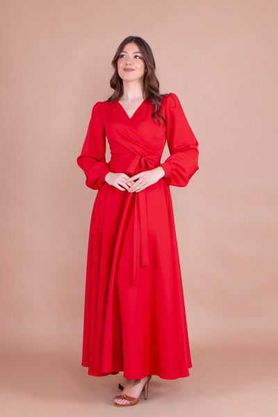 NO48 Red Double Breasted Collar Long Sleeve Buttoned Cuffed Long Length Belted Dress