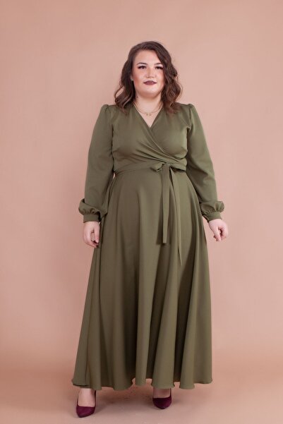 NO48 Khaki Double Breasted Collar Long Sleeve Buttoned Cuffed Long Length Belted Plus Size Dress