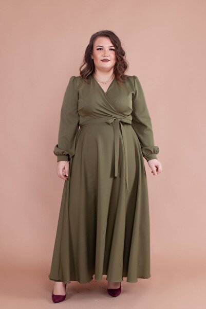 NO48 Khaki Double Breasted Collar Long Sleeve Buttoned Cuffed Long Length Belted Plus Size Dress