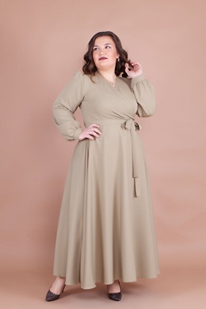 NO48 فستان أخضر زيتي بياقة مزدوجة الصدر وأكمام طويلة وأزرار وأكمام طويلة وحزا...