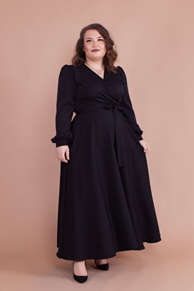 NO48 Rochie neagră cu gât dublu cu mânecă lungă, cu nasturi, cu manșetă, până la ceai, cu curea, mărime mare