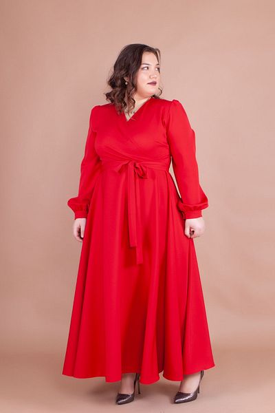 NO48 Red Double Breasted Collar Long Sleeve Buttoned Cuffed Long Length Belted Plus Size Dress