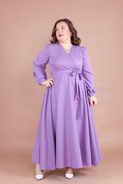 NO48 Λιλά φόρεμα με διπλό λαιμόκοψη, μακρύ μανίκι, μανσέτες με κουμπιά, μακρύ...