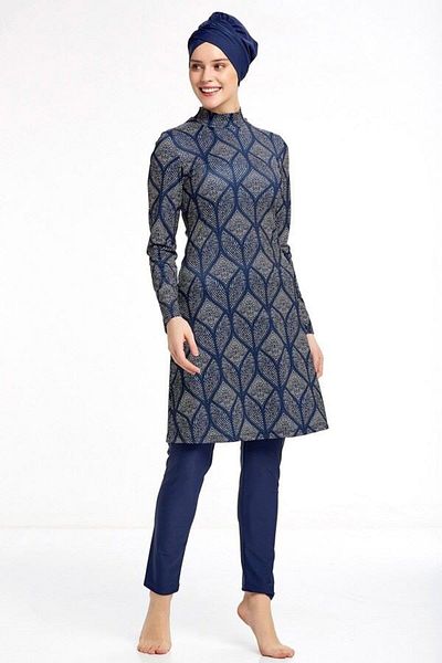 MEBA Lycra Battal Plus Size Long Sleeved Fully Covered Hijab Swimsuit Dark Navy Blue 0906