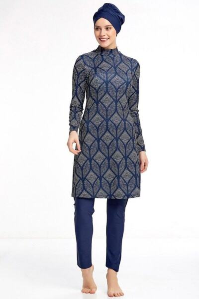 MEBA Lycra Battal Plus Size Long Sleeved Fully Covered Hijab Swimsuit Dark Navy Blue 0906