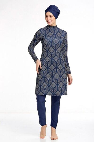 MEBA Lycra Battal Plus Size Long Sleeved Fully Covered Hijab Swimsuit Dark Navy Blue 0906