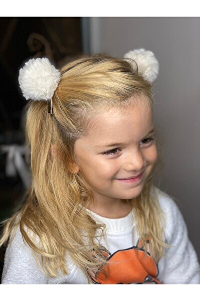 QUEEN AKSESUAR Pluș Pene Crem Pompon Mare 2 Piese Set Catarame Colț Metal