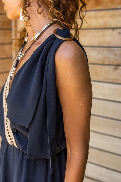 Güneşkızı Rochie neagră pentru femei Airobin, cu cataramă pe umăr, cu detaliu din paie, cu talie adunată GK-BST3127