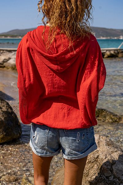 Güneşkızı Women's Coral Washed Linen Mesh Tie Up Hooded Blouse GK-RSD2021