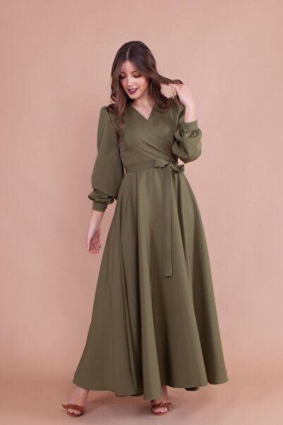 NO48 Χακί Φόρεμα με διπλό στήθος με μακρύ μανίκι με κουμπιά και μακρύ φύλλο