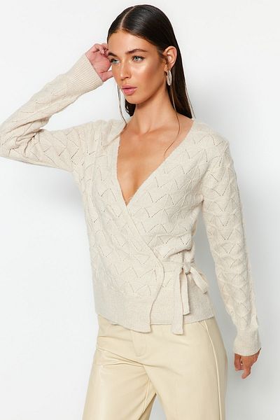 Trendyol Collection Stone Soft Textured Double Breasted Collar Knitwear Sweater TWOAW24KZ00837