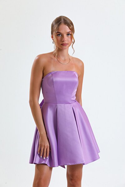 Tangül&Ali'S Moda Evi Lila Straplez Mini Elbise Fiyonklu