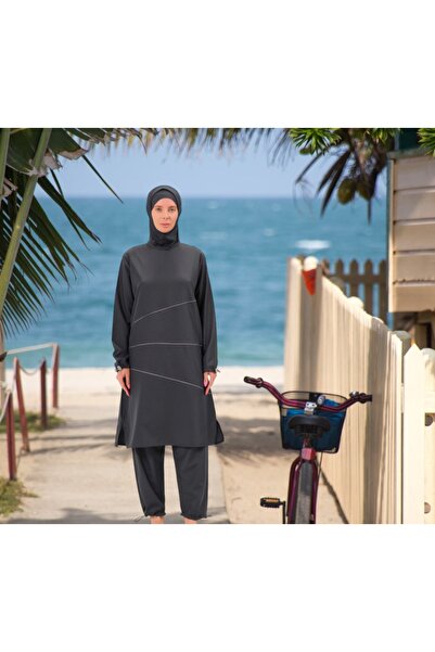 Shopiolog ثوب سباحة طويل بأكمام قصيرة ومزخرف بالزهور للحجاب الكامل