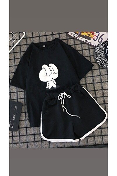 SELENA BUTİK تي شيرت وسروال قصير مطبوع باللون الأسود فريد من نوعه كبير الحجم مكون من قطعتين